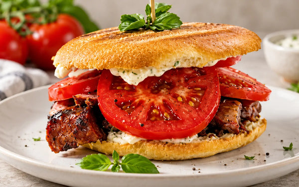 Sándwich de costillar ahumado con tomates frescos